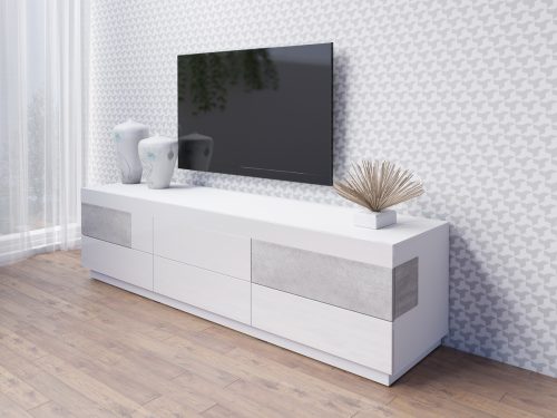 Budapest bútor webáruház Győr - Tv-állvány Austin 118 (Fehér + Fényes fehér + Beton) - Bútor | Nappali bútorok | Nappali tv állványok olcsó bútorok