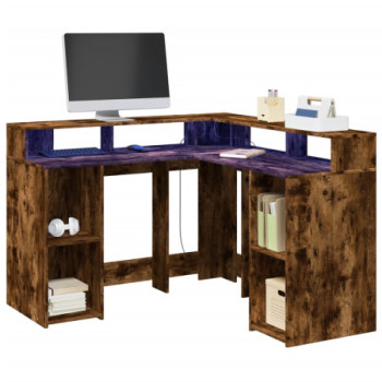 Bútor Győr Sopron bútor webáruház Füstös tölgy színű szerelt fa íróasztal led-ekkel 130x130x91 cm